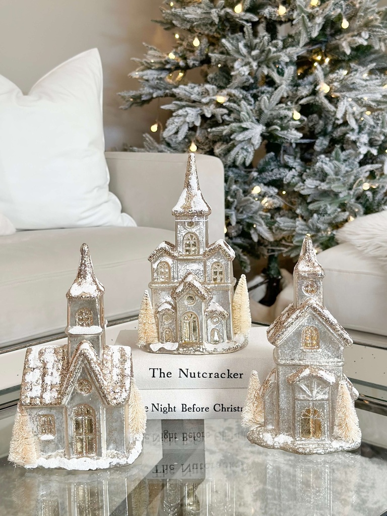 Set de 3 casitas doradas iluminadas